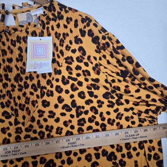 Lularoe Clara Smock Blouse Sz 3XL Orange Black Animal Print Keyhole Back Stretch - Picture 7 of 11